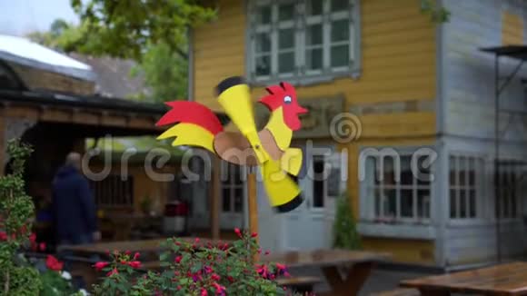 有趣的亮黄色和红色叶片制成的公鸡形状视频的预览图