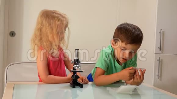 小男孩把一张显微镜幻灯片递给女孩视频的预览图