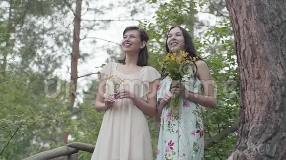两个有野花的美女站在木楼梯上说话微笑女孩们看着神奇的大自然慢慢视频的预览图