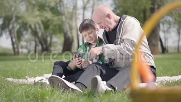 一幅可爱的老人坐在公园的毯子上拿着手机看着他的孙子孩子视频的预览图