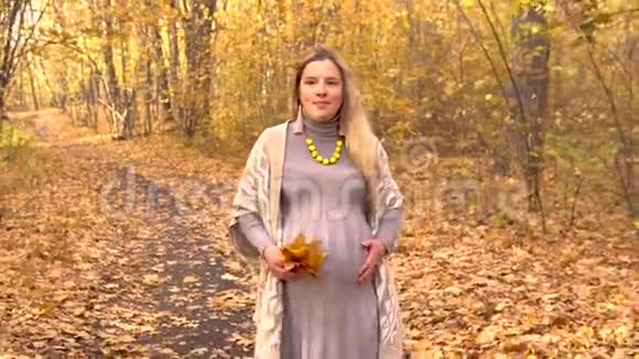一位孕妇走过秋天的森林黄色的叶子视频的预览图