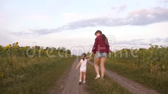 一个带着妈妈的小女孩带着向日葵穿过田野农业孩子和母亲在一片田野上视频的预览图