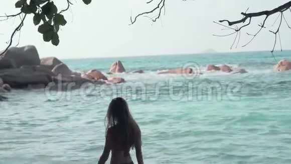 塞舌尔普拉斯林岛可爱的小女孩沿着印度洋上一个异国海岛的岩石海岸散步视频的预览图