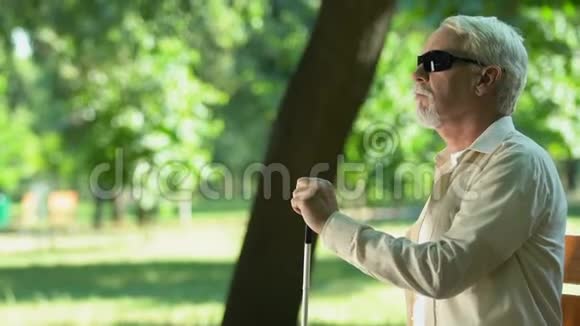 盲人休息后从长凳上站起来沿着公园散步视频的预览图