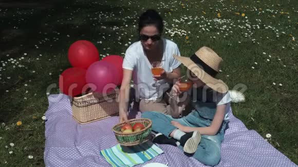 母亲和女儿在草地上野餐放松夏季野餐概念视频的预览图