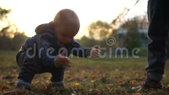 孩子掉下来散步那孩子平静地站起来摇下把手在秋日公园的夕阳下漫步视频的预览图