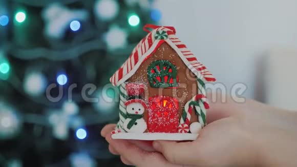 儿童手中的装饰屋背景圣诞树视频的预览图