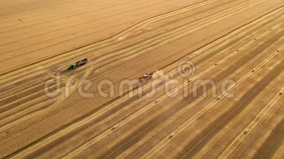 收割者收割小麦拖拉机在等待谷物空中录像视频的预览图