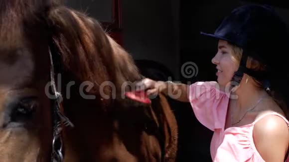 一个戴着骑马头盔的年轻女孩正在用一支特殊的刷子梳马鬃关心动物4k4k视频视频的预览图