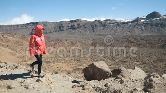 年轻女子在高山上行走在西班牙加那利群岛的特内里费观察一个巨大的泰德火山口视频的预览图