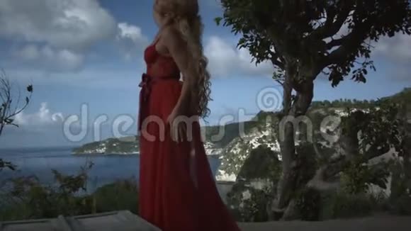 一位年轻女子一头金发穿着优雅的红色连衣裙在悬崖边的树上摆着姿势视频的预览图