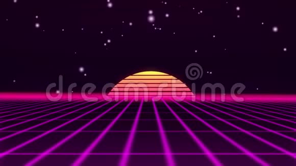 复古未来80年代VHS磁带视频游戏介绍景观日出和星星飞过霓虹灯街机视频的预览图