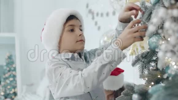 严肃的男孩在客厅装饰圣诞树视频的预览图