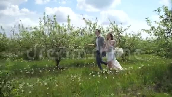 欢快的一对夫妇在开花的树间奔跑视频的预览图
