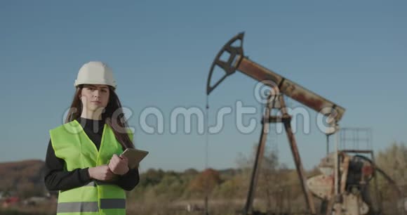 女工业工程师在硬帽子使用平板电脑职业女工程师佩戴安全画像视频的预览图