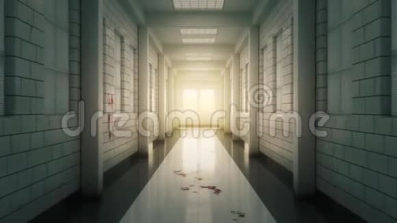 精神病诊所的白色走廊地板和墙壁上有可怕的污渍和血迹照相机视频的预览图