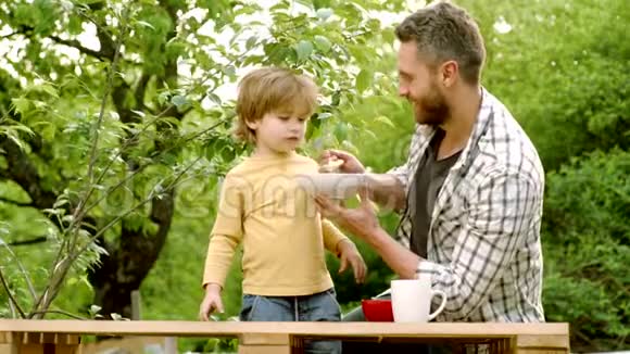 快乐的婴儿用勺子吃食物快乐的父亲和他的儿子在秋天公园玩饥饿的小男孩视频的预览图