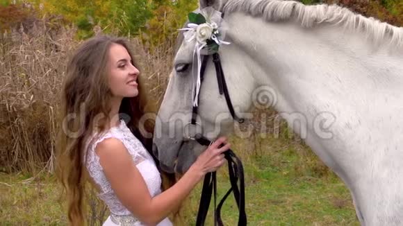 新娘穿着白色连衣裙喂食和抚摸马关门视频的预览图