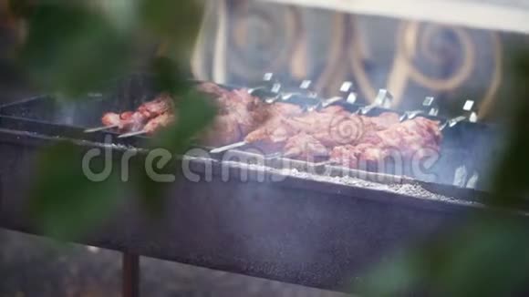 什什烤串煮熟的烤架把肉炒了美味的食物野餐慢动作视频的预览图