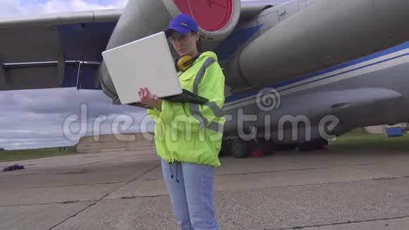 一架客机的背景下一位身穿制服的女士带着笔记本电脑视频的预览图