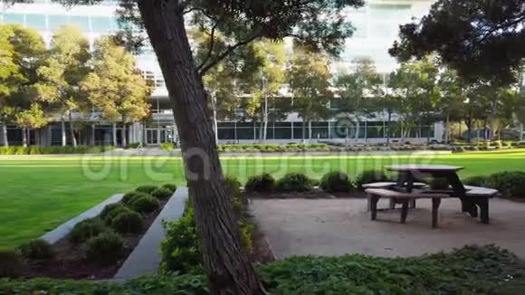 在一个绿色的草坪花园前树下的公园长椅休息区视频的预览图