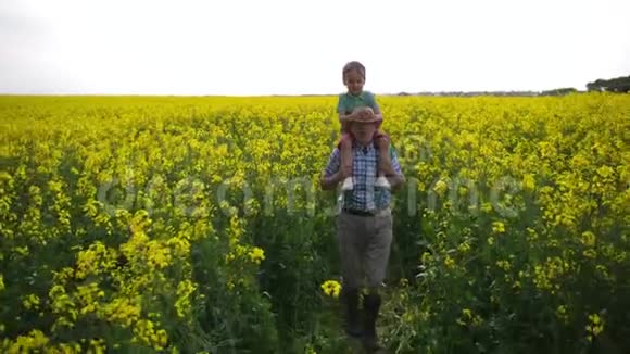 快乐的农夫和孙子在植物间散步视频的预览图