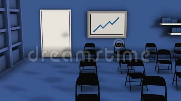 会议大厅的内部蓝色与椅子板与图形图形书螯和门动画3D视频的预览图