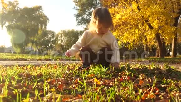 孩子在夕阳下的草坪上玩耍小女孩在草地上停在公园里视频的预览图