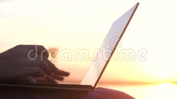女人的手在阳光下在笔记本电脑上打字视频的预览图
