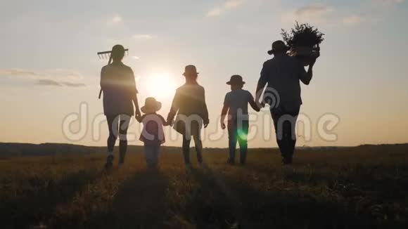 剪影农民家庭的有机农业和健康的生活方式健康的食物幸福和快乐小组工作视频的预览图