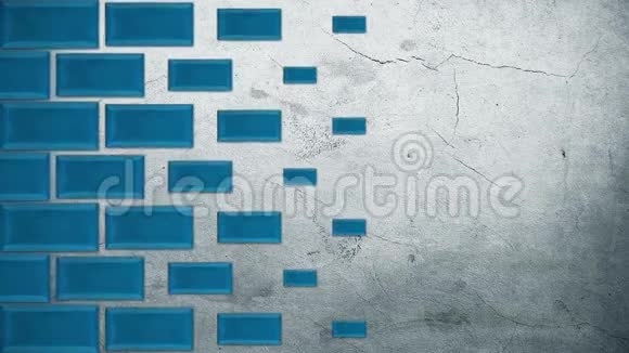 抽象长方形几何曲面仿砖动画蓝色的砖块出现在银色的墙壁上形成视频的预览图