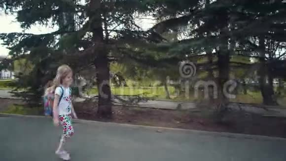 小可爱的女孩和松树在路上视频的预览图