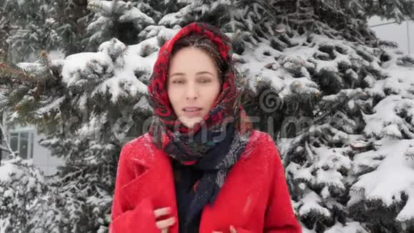 这段视频是关于美丽的年轻白种人女人在冬季户外裹着温暖的红色外套视频的预览图