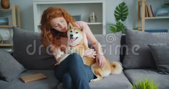 慢动作漂亮的女孩抚摸可爱的狗在家里和动物说话视频的预览图