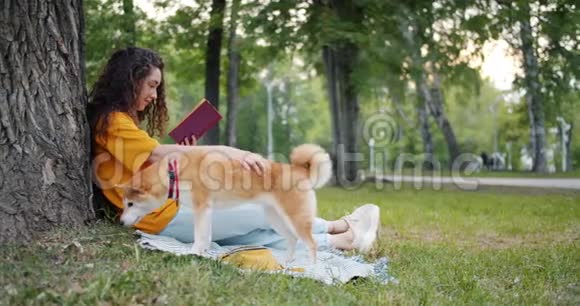 学生读书时动作缓慢而她的狗在公园草坪上吃草视频的预览图