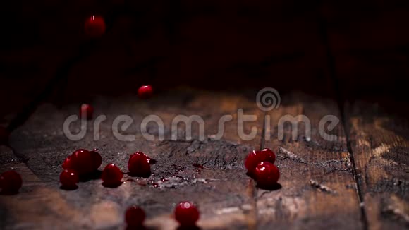 成熟的新鲜蔓越莓落在黑暗的木制乡村桌子上库存录像把木头表面和视频的预览图