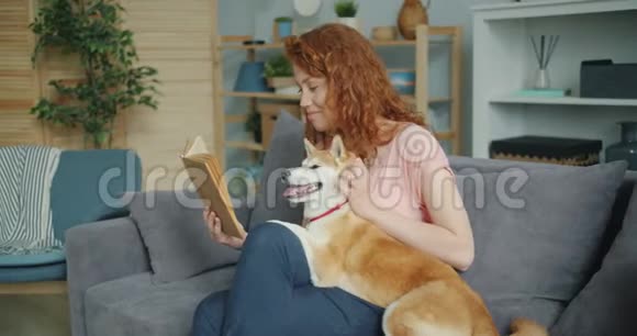 漂亮的年轻女士在家里的沙发上看书和抚摸可爱的狗视频的预览图
