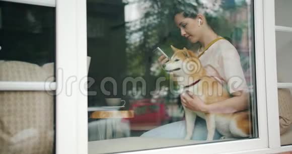 在咖啡馆里用智能手机宠物狗在无线耳机上欣赏音乐的女孩视频的预览图