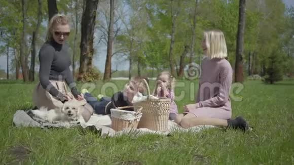 两个年轻的母亲和他们的孩子坐在绿色神奇公园的毯子上在春天的一天妈妈和儿子视频的预览图