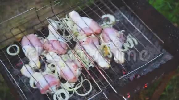 晚上男人在烧烤中用煤烤生鸡腿视频的预览图