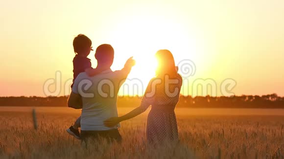 幸福的家庭妈妈爸爸和宝宝站在麦田上太阳下山的时候父亲抱着儿子视频的预览图