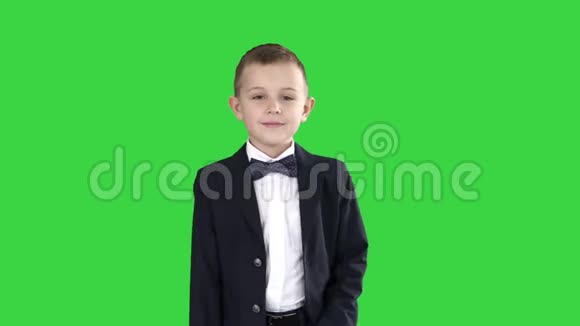 穿着正式服装的男孩手插在绿色屏幕上的口袋里彩色键视频的预览图