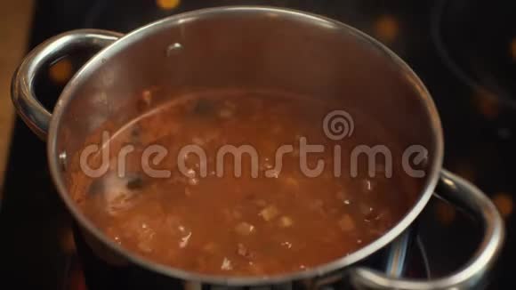 在炉子上的锅中煮着美味的俄罗斯传统汤库存录像俄罗斯苏卡汤视频的预览图