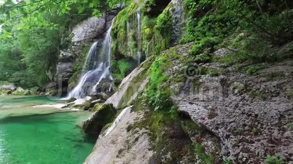 4K瀑布Virje在斯洛文尼亚阿尔卑斯山干净的蓝色水和绿色森林JulianAlps斯洛文尼亚Bovec区欧洲视频的预览图
