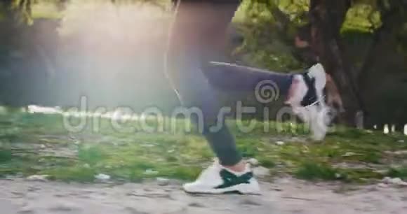 背景日落时分一位跑步的女士在大自然中穿过草地的特写细节健康的生活方式视频的预览图