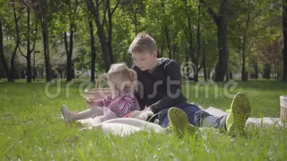 在公园里一个可爱的可爱男孩坐在毯子上给她穿着粉红色裙子的小妹妹读这本书视频的预览图
