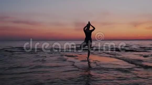美丽的年轻女子表演一个精神瑜伽姿势站在一个浅海日落禅宗健康观视频的预览图