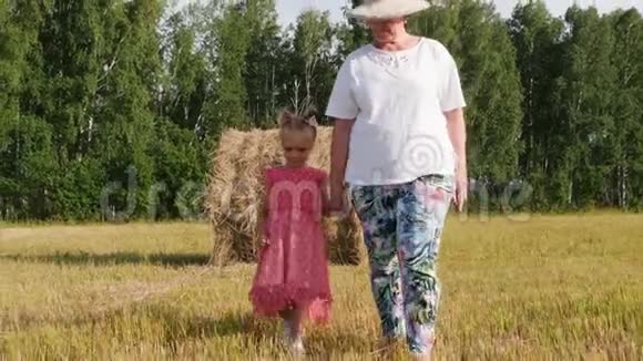 爷爷奶奶和孙女在草地上散步视频的预览图
