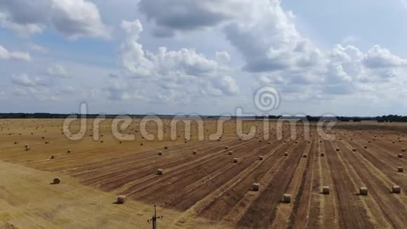 收获季节过后许多干草在一片大片的田野上打包空中拍摄4k视频的预览图