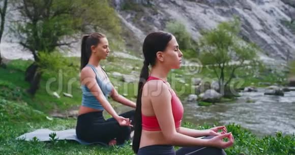 大自然中的两位女士在神奇的河山旁边的垫子上做瑜伽的特写细节她们感到轻松视频的预览图